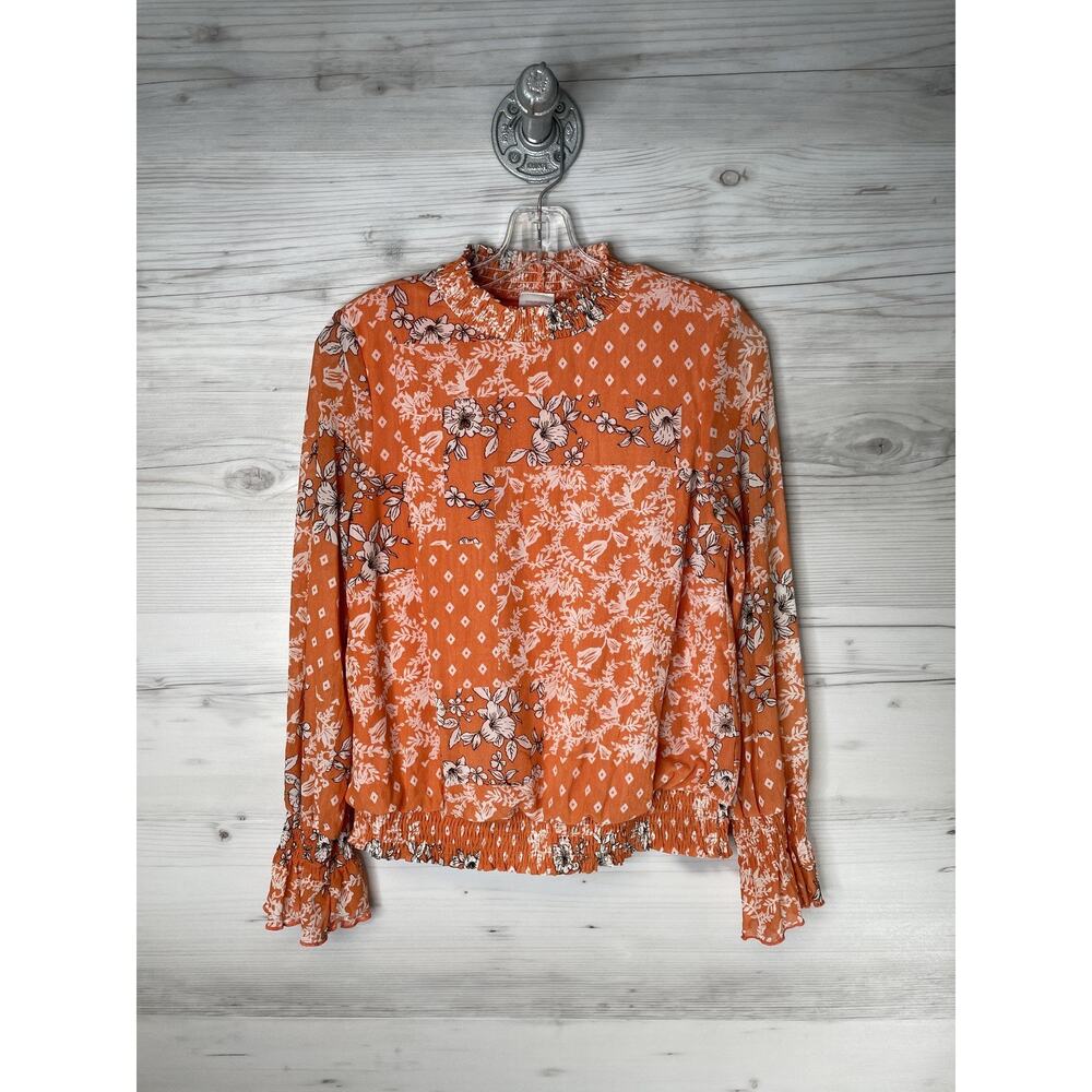 Luna Blouse Womens Small Orange Floral Long Sleeve‎ Smocked Ruffle Top Boho